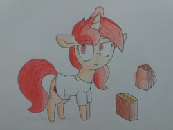 Size: 2064x1548 | Tagged: safe, artist:cherro, derpibooru import, oc, oc only, oc:poppy seed, pony, unicorn, clothes, groceries, magic, shirt, solo, telekinesis, traditional art