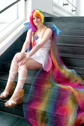 Size: 534x800 | Tagged: safe, artist:s0methingw1cked, derpibooru import, rainbow dash, human, anime boston, anime boston 2013, clothes, cosplay, costume, dress, gala dress, irl, irl human, photo, sitting