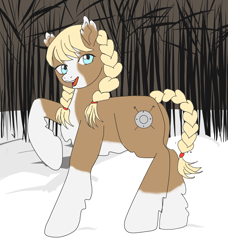 Size: 1274x1396 | Tagged: safe, artist:anonymous, oc, oc only, oc:shieldfrost, /mlp/, belly fluff, blaze (coat marking), braid, braided pigtails, braided tail, chest fluff, coat markings, ear fluff, ears, female, fluffy, forest, hoof fluff, looking at you, mare, raised hoof, raised leg, snow, snowpony (species), socks (coat marking), taiga pony