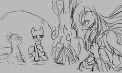 Size: 2758x1658 | Tagged: safe, artist:marbo, oc, oc only, oc:cirrus wisp, earth pony, ghost, pony, bonfire, crying, female, filly, fire, hoof on chest, mare, monochrome, open mouth, sketch, smiling, snow, snowpony (species), spirit, taiga pony, unfinished art, wip