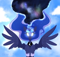 Size: 2048x1947 | Tagged: safe, artist:tinykiru, derpibooru import, princess luna, alicorn, pony, cloud, crown, female, flying, galaxy, glowing, glowing eyes, glowing horn, hooves to the chest, horn, jewelry, magic, magic aura, mare, planet, ponytober, regalia, signature, sky, solo, space, spread wings, stars, wings
