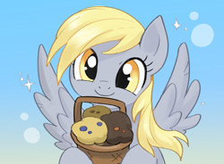 Size: 2374x1744 | Tagged: safe, artist:marbo, ponerpics import, derpy hooves, pegasus, pony, basket, cute, derpabetes, female, food, gradient background, happy, looking at you, mare, muffin, smiling, smiling at you, solo, sparkles, wings