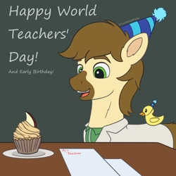 Size: 2000x2000 | Tagged: safe, artist:redquoz, derpibooru import, oc, oc:calpain, earth pony, pony, apple, birthday, chalkboard, clothes, cupcake, earth pony oc, food, hat, lab coat, male, party hat, rubber duck, solo, stallion, teacher, text, worldteachersday