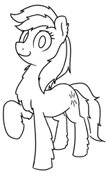 Size: 550x900 | Tagged: safe, artist:alexi148, artist:anonymous, derpibooru import, oc, oc only, oc:khvoya, pony, /mlp/, black and white, chest fluff, ear fluff, ears, female, fluffy, hoof fluff, looking at you, mare, monochrome, raised hoof, raised leg, simple background, snowpony (species), solo, taiga pony, white background, yakutian horse