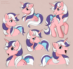 Size: 2500x2366 | Tagged: safe, artist:syrupyyy, derpibooru import, twilight, twilight (g1), pony, unicorn, g1, beige background, bow, crying, female, grin, mare, open mouth, open smile, sad, simple background, smiling, solo, tail, tail bow, teary eyes