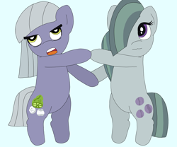 Size: 6048x5036 | Tagged: artist needed, safe, derpibooru import, limestone pie, marble pie, earth pony, pony, bipedal, derp, duo, duo female, female, open mouth