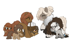Size: 3852x2316 | Tagged: safe, artist:marbo, oc, oc:arctic ink, oc:bundle up, oc:comfy cozy, oc:evergreen, oc:podzol, pony, /mlp/, basket, chest fluff, coat, coat markings, eyes closed, female, filly, fluffy, hiding, looking at each other, mare, raised hoof, raised leg, scared, simple background, size difference, snowpony (species), socks (coat marking), taiga pony, transparent background, unshorn fetlocks