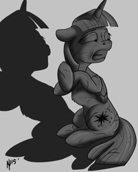Size: 3301x4101 | Tagged: safe, artist:dombrus, derpibooru import, twilight sparkle, twilight sparkle (alicorn), alicorn, pony, distressed, fear, female, folded wings, gritted teeth, horn, inanimate tf, petrification, simple background, solo, statue, transformation, wings