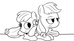 Size: 1280x720 | Tagged: safe, artist:dtcx97, derpibooru import, apple bloom, applejack, earth pony, pony, apple sisters, applejack is not amused, black and white, duo, female, filly, grayscale, lidded eyes, lying down, mare, monochrome, prone, siblings, simple background, sisters, unamused, white background