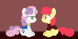 Size: 1280x640 | Tagged: safe, artist:dtcx97, derpibooru import, apple bloom, sweetie belle, earth pony, pony, unicorn, fanfic:ponyville diaries, alternate cutie mark, angry, clothes, female, filly, jewelry, staring at each other