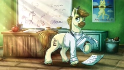 Size: 3840x2160 | Tagged: safe, artist:lupiarts, derpibooru import, oc, oc:calpain, earth pony, pony, classroom, clothes, cloven hooves, commission, crepuscular rays, cutie mark, desk, earth pony oc, high res, male, poster, raised hoof, raised leg, smiling, solo, teacher, unshorn fetlocks