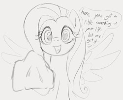 Size: 823x665 | Tagged: safe, artist:dotkwa, derpibooru import, fluttershy, pegasus, pony, cute, dialogue, female, fluttermom, grayscale, handkerchief, looking at you, mare, monochrome, open mouth, open smile, shyabetes, simple background, sketch, smiling, solo, spread wings, talking to viewer, white background, wings