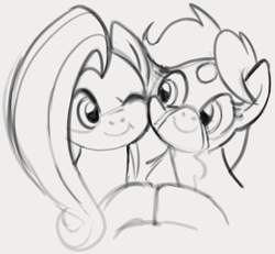 Size: 2445x2259 | Tagged: safe, artist:dotkwa, derpibooru import, oc, oc:deary dots, earth pony, pegasus, pony, bust, canon x oc, cheek squish, female, grayscale, hooves together, lesbian, mare, monochrome, one eye closed, shipping, simple background, sketch, smiling, squishy cheeks, white background