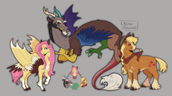 Size: 3000x1682 | Tagged: safe, artist:dylandonnie, derpibooru import, applejack, discord, fluttershy, draconequus, earth pony, hybrid, pegasus, pony, applejack's hat, appleshy, bandana, bisexual, chest fluff, clothes, cloven hooves, cowboy hat, cutie mark, discoshy, eye scar, fangs, female, gray background, hat, heterochromia, hybrid wings, lesbian, male, neckerchief, one eye closed, polyamory, scar, shipping, simple background, smiling, snaggletooth, spread wings, straight, straw in mouth, trio, unshorn fetlocks, wings