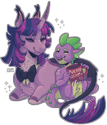 Size: 296x348 | Tagged: safe, artist:dylandonnie, derpibooru import, spike, twilight sparkle, classical unicorn, dragon, pony, undead, unicorn, vampire, vampony, bowtie, cloven hooves, coffee mug, curved horn, duo, ear tufts, eyes closed, fangs, horn, leaning on someone, leonine tail, lying down, mug, simple background, sitting, smiling, sparkles, spikelove, transparent background, unshorn fetlocks
