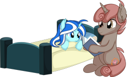 Size: 9417x5709 | Tagged: safe, artist:cyanlightning, derpibooru import, oc, oc:auburn flare, oc:ocean swell, unicorn, .svg available, absurd resolution, bed, book, female, filly, lying, reading, simple background, teenager, transparent background, vector, younger
