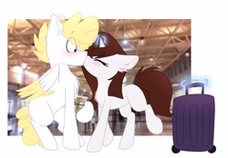 Size: 2807x1957 | Tagged: safe, artist:littleblackraencloud, derpibooru import, oc, oc only, pegasus, pony, unicorn, blushing, eyes closed, female, kissing, luggage, male, spread wings, straight, surprised, wide eyes, wings