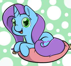 Size: 2560x2368 | Tagged: safe, artist:zombietator, derpibooru import, oc, oc only, pony, unicorn, eyelashes, horn, lying down, pillow, polka dot background, prone, smiling, solo, unicorn oc