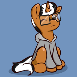 Size: 3000x3000 | Tagged: safe, artist:zombietator, derpibooru import, oc, oc only, pony, unicorn, background removed, blue background, clothes, glasses, hoodie, male, one eye closed, simple background, smiling, solo, stallion, wink