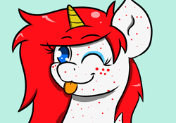 Size: 1100x768 | Tagged: safe, artist:tranzmuteproductions, derpibooru import, oc, oc only, oc:red note, pony, unicorn, :p, blue background, female, freckles, horn, makeup, mare, one eye closed, simple background, solo, tongue, tongue out, unicorn oc, wink