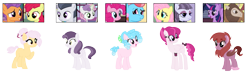 Size: 2425x694 | Tagged: safe, artist:tragedy-kaz, derpibooru import, apple bloom, cup cake, fluttershy, inky rose, pinkie pie, rumble, sweetie belle, tender taps, alicorn, pony, base used, magical lesbian spawn, offspring, parent:apple bloom, parent:fluttershy, parent:inky rose, parent:pinkie pie, parent:rumble, parent:sweetie belle, parent:tender taps, parent:twilight sparkle, parents:rumbelle, parents:tenderbloom, screencap reference