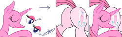 Size: 1917x579 | Tagged: safe, artist:guruyunus17, derpibooru import, oc, oc:annisa trihapsari, earth pony, pony, unicorn, bald, base, butt, butt touch, butthug, duo, duo female, eyes closed, eyes open, female, hug, looking at you, plot, simple background, smiling, transparent background