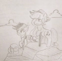 Size: 640x628 | Tagged: safe, artist:snowzaaah, derpibooru import, applejack, rainbow dash, earth pony, pegasus, pony, appledash, appledashdailydoodles, doodle, female, lesbian, monochrome, pencil drawing, shipping, sketch, traditional art