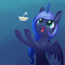 Size: 1196x1194 | Tagged: safe, artist:dusthiel, derpibooru import, princess luna, alicorn, pony, glowing, glowing horn, horn, open mouth, paper, ponytober, ship