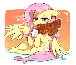 Size: 1806x1546 | Tagged: safe, artist:nendo, derpibooru import, fluttershy, pegasus, pony, abstract background, blushing, chocolate, clothes, cozy, cute, female, food, holding, hot chocolate, mare, mug, out of frame, scarf, shyabetes, simple background, solo