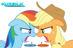 Size: 2000x1319 | Tagged: safe, artist:kuren247, derpibooru import, applejack, rainbow dash, earth pony, pegasus, pony, angry, argument, cowboy hat, fight, hat, looking at each other, simple background, speech bubble, text, transparent background, vector, yelling