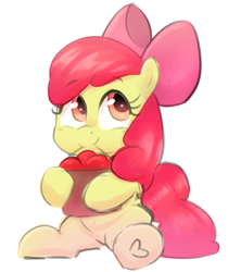 Size: 3136x3728 | Tagged: safe, artist:nozukz, artist:parfait, derpibooru import, apple bloom, earth pony, pony, apple, bow, bucket, female, filly, food, hair bow, heart, heart hoof, holding, mouth hold, sitting, smiling, solo