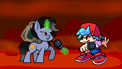 Size: 1280x720 | Tagged: safe, artist:isaac_pony, artist:ragedox, derpibooru import, oc, oc:shainer shrapnel shock, human, pony, unicorn, doom equestria, boyfriend (friday night funkin), crossover, cutie mark, doom, eye scar, friday night funkin', hell, helmet, magic, magic aura, microphone, rock, scar