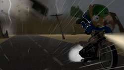 Size: 1600x900 | Tagged: safe, artist:minimalistichipster, artist:rottenthemaker, derpibooru import, oc, oc:wild wind, pony, 3d, debris, lightning, motorcycle, rain, raincoat, solo, source filmmaker, storm, suction, tornado, wind, windswept mane