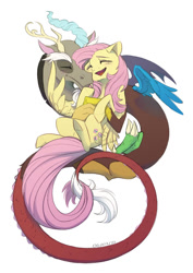 Size: 595x842 | Tagged: safe, artist:basykail, derpibooru import, discord, fluttershy, draconequus, pegasus, pony, 2021, cute, discoshy, eyes closed, female, hug, male, mare, open mouth, shipping, simple background, smiling, straight, white background