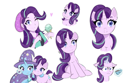 Size: 1748x1181 | Tagged: safe, artist:namieart, derpibooru import, starlight glimmer, trixie, human, pony, unicorn, equestria girls, cape, clothes, coffee, cute, eyelashes, female, food, glimmerbetes, hat, heart, horn, ice cream, magic, mare, smiling, stars, trixie's cape, trixie's hat, wingding eyes