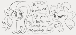 Size: 649x305 | Tagged: safe, artist:dotkwa, derpibooru import, fluttershy, pinkie pie, earth pony, pegasus, pony, dialogue, female, grayscale, mare, monochrome, sketch