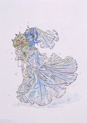 Size: 1992x2816 | Tagged: safe, artist:ksdt-2, derpibooru import, oc, oc only, oc:bright stellaris, earth pony, bouquet, clothes, dress, flower, solo, traditional art, wedding dress