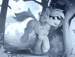 Size: 2400x1810 | Tagged: safe, artist:yakovlev-vad, derpibooru import, oc, oc only, earth pony, pony, chest fluff, clothes, eye clipping through hair, running, scarf, solo, tree, unshorn fetlocks