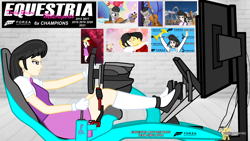 Size: 3840x2160 | Tagged: safe, artist:forzaveteranenigma, derpibooru import, octavia melody, human, equestria girls, ballet slippers, clothes, digital art, dress, ear piercing, earring, flats, forza motorsport, human coloration, jewelry, monitors, outfit, piercing, racing simulator, serious, serious face, shoes, sim racing, sim setup, watermark
