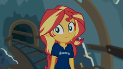 Size: 1280x720 | Tagged: safe, derpibooru import, edit, edited screencap, screencap, sunset shimmer, all the world's off stage, equestria girls, equestria girls series, clothes, looking at you, seattle mariners, shirt, smiling, solo