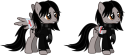 Size: 2574x1129 | Tagged: safe, artist:lightningbolt, derpibooru exclusive, derpibooru import, pegasus, pony, .svg available, bags under eyes, bandage, bandaged wing, blood, blood stains, broken wing, clothes, fangs, folded wings, frown, gerard way, jacket, male, my chemical romance, partially open wings, ponified, scarf, simple background, solo, stallion, standing, svg, tattered, torn wings, transparent background, vector, wings