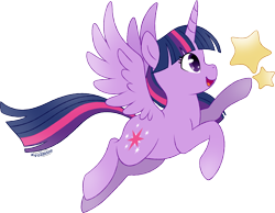 Size: 1200x929 | Tagged: safe, artist:volmise, derpibooru import, twilight sparkle, twilight sparkle (alicorn), alicorn, pony, female, flying, simple background, solo, stars, transparent background