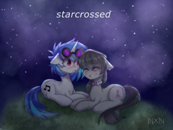 Size: 1024x768 | Tagged: safe, artist:inxinfate, derpibooru import, dj pon-3, octavia melody, vinyl scratch, earth pony, unicorn, blushing, eyes closed, female, lesbian, night, scratchtavia, shipping