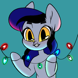 Size: 2000x2000 | Tagged: safe, artist:eluthedruid, derpibooru import, oc, oc only, oc:night cloud, bat pony, pony, christmas, christmas lights, female, holiday, simple background, solo