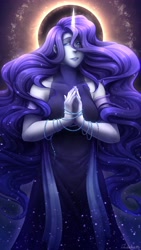 Size: 2160x3840 | Tagged: safe, artist:jadekettu, derpibooru import, nightmare rarity, rarity, human, lil-miss rarity, bracelet, clothes, dress, eclipse, female, horn, horned humanization, humanized, jewelry, solar eclipse, solo