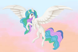 Size: 1024x692 | Tagged: safe, artist:believeinshadows, derpibooru import, princess celestia, alicorn, pony, female, flying, solo