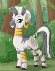 Size: 1754x2240 | Tagged: safe, artist:pwnagespartan, derpibooru import, zecora, zebra, female, forest, grin, looking at you, mare, outdoors, smiling, smiling at you, solo