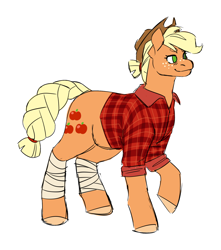 Size: 1280x1451 | Tagged: safe, artist:spartalabouche, derpibooru import, applejack, earth pony, pony, applejack's hat, braided tail, clothes, cowboy hat, cutie mark, female, flannel shirt, hat, leg wraps, raised hoof, raised leg, shirt, simple background, smiling, solo, tail, white background