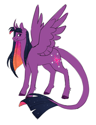 Size: 1280x1664 | Tagged: safe, artist:spartalabouche, derpibooru import, twilight sparkle, twilight sparkle (alicorn), alicorn, pony, alternate hairstyle, cloven hooves, curved horn, cutie mark, female, horn, leonine tail, simple background, smiling, solo, spread wings, tail, white background, wings