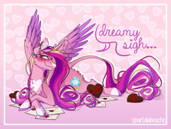 Size: 1280x962 | Tagged: safe, artist:spartalabouche, derpibooru import, princess cadance, alicorn, pony, abstract background, blushing, bracelet, chest fluff, chocolates, cloven hooves, cutie mark, ear piercing, earring, female, heart, heart eyes, hearts and hooves day, horn, jewelry, leonine tail, letter, love letter, lying down, mare, piercing, prone, smiling, solo, speech bubble, spread wings, tail, tiara, valentine's day card, wingding eyes, wings